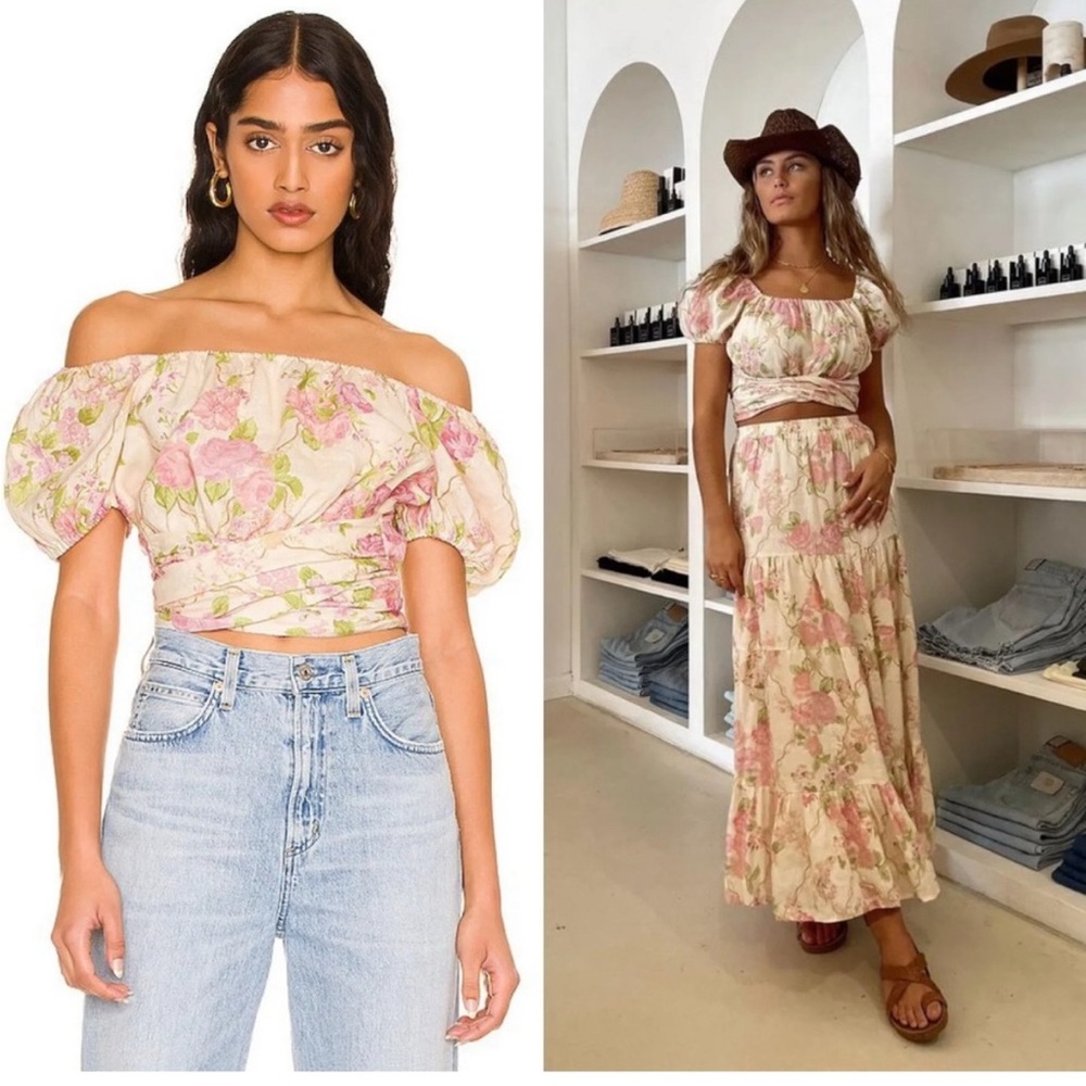 Spell Floral Off-Shoulder Top in Pink and Green